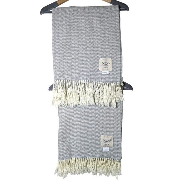 Nido Notte Italia (2) Grey Herringbone Cotton Blend Fringe Throw Blanket 50 x 52 - Picture 1 of 9